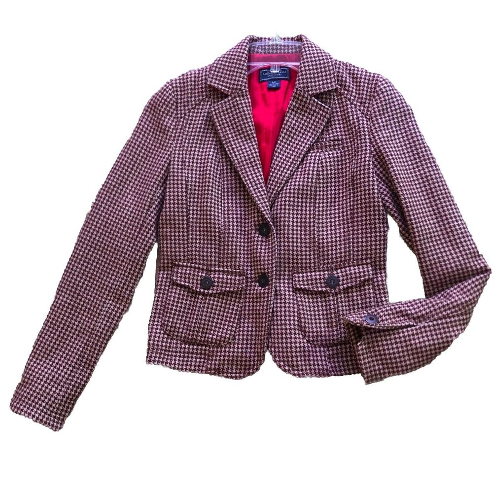 American Eagle Houndstooth Wool Blazer Womens Sz S Y2K Ivy League Heritage Prep - Picture 11 of 16